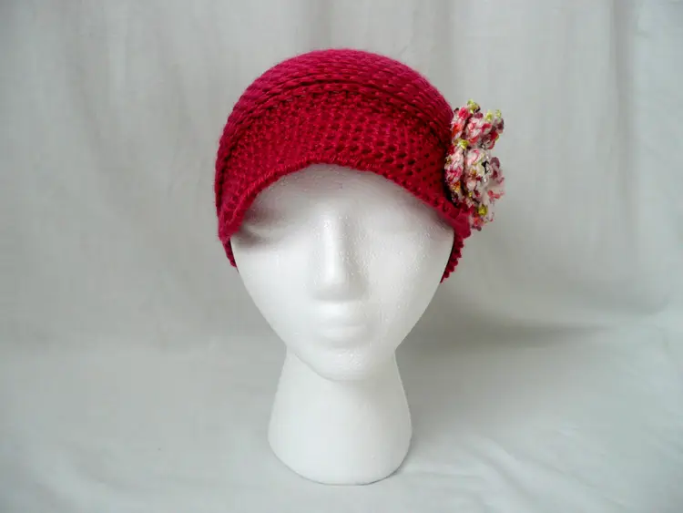 Handmade Crochet Berry Pink Newsboy Hat Matching FlowerAccent Pink Pearl Brooch
