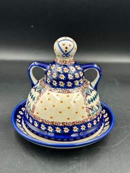 Vintage Unikat Polish Pottery Lady Cloche  Covered Cheese/Butter Dish
