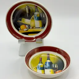 Vintage Wine Cheese Motif Ceramic Miniature Trinket Bowl Butter Pat, Set Of 2, Vibrant Still Life Art, Collectible, Unbranded, Made in China