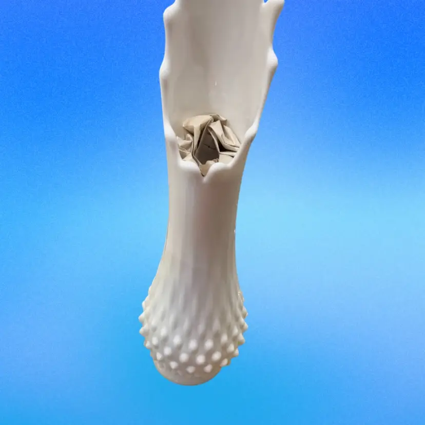 040.  Vintage Fenton White Milk Glass Hobnail Swung Vase 8 Fingers