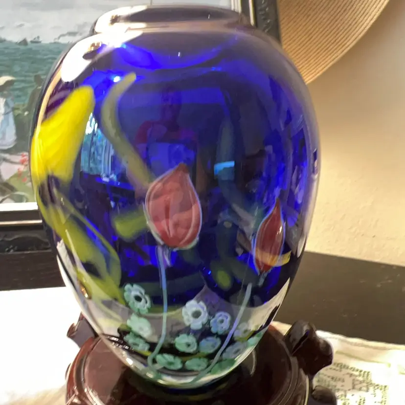 🏔️ Arthur Kusak Art Vase Cobalt Blue w/ Millefiori Flowers Art Glass 5.25”