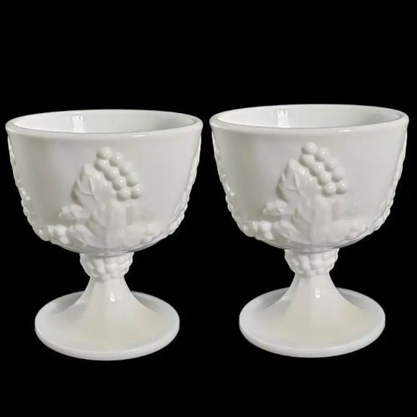 Vintage  pair White Milk Glass Harvest Grape Footed Goblet Sherbet Milk Cup EUC