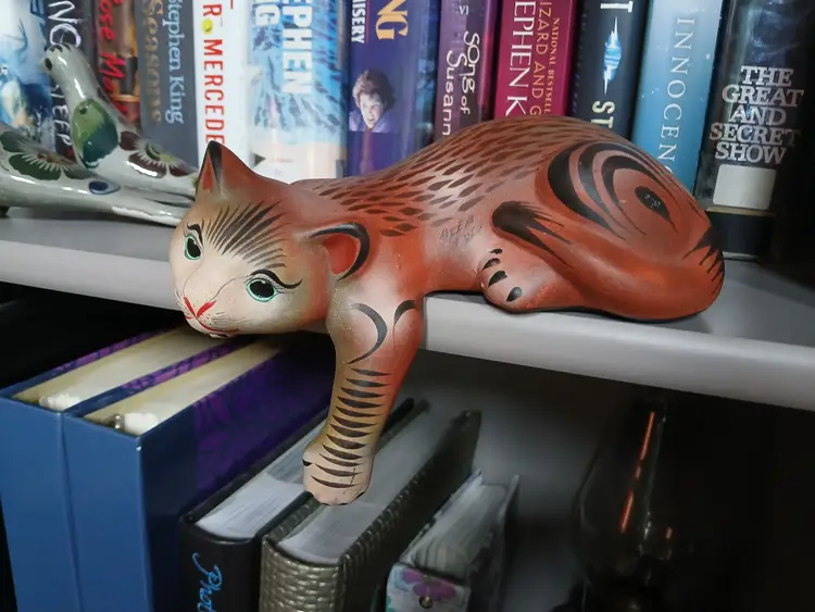 Unique Tonala Mexican Pottery Handpainted Shelf Sitter Orange Tabby Cat Signed