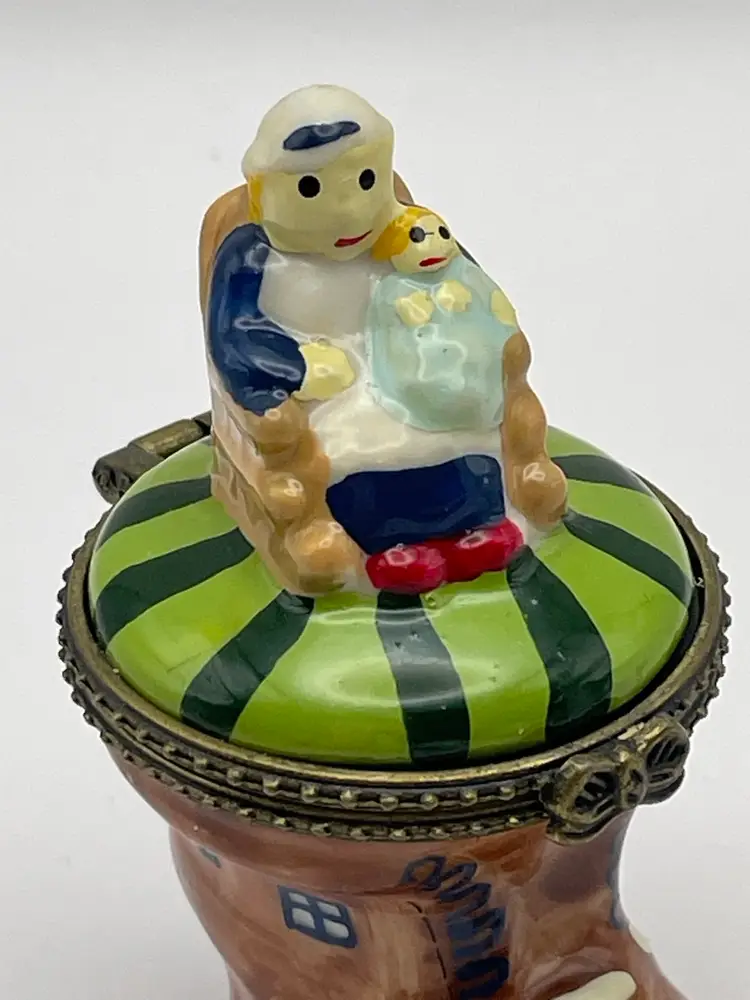 Vintage, “Old Woman Who Lived In A Shoe”, Hinged Trinket Box with Miniature Baby
