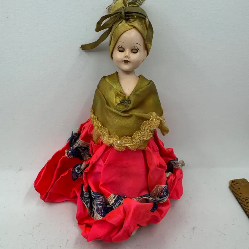 Vintage Carmen Miranda-style doll with composition head and elaborate costume, Sleepy Eyes Do Not Work