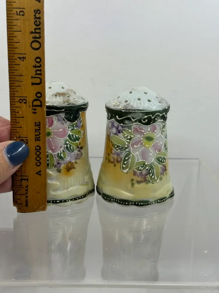 Antique Moriage hand-painted floral porcelain salt and pepper shakers.