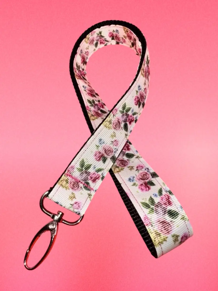 Keychain Lanyard Key Holder Pink Flowers Roses Floral NEW Handmade 19.5”