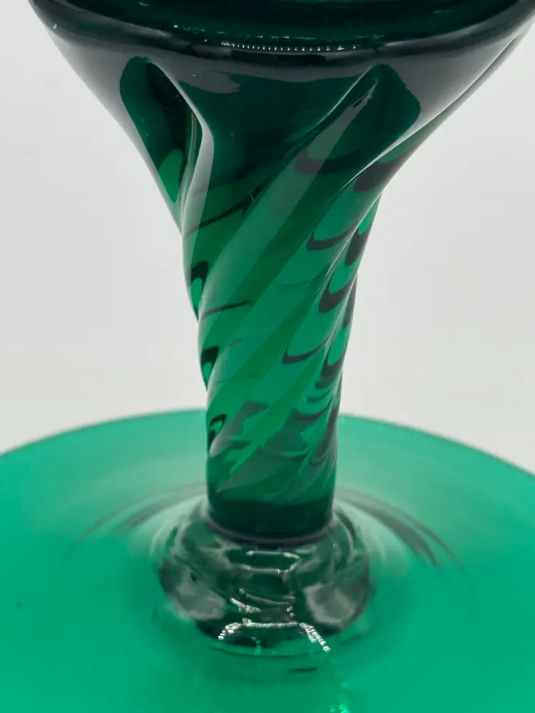Vintage Emerald Green Empoli Vase, Swirled Stem W/ Ribbed Optic Effect