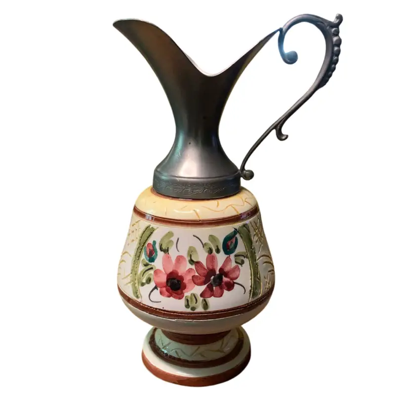 05. Vintage German Floral Pewter-Lidded Ceramic Pitcher - Christmas Home Decor Gift