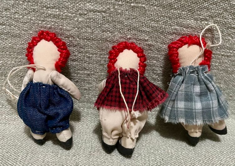3 Mini Fabric Raggedy Ann Red Yarn Hair Ornaments Handmade Crafted Apron Hearts