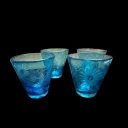 Hotel Emma Etched Glass, Turquoise Blue Flower, Water, Glasses – Set Of Four