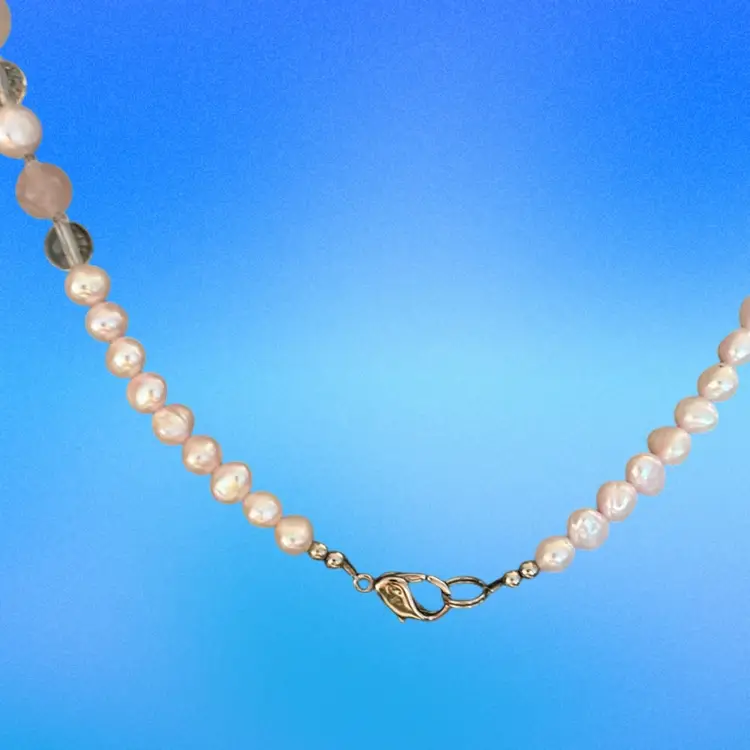 #17 - Pink Quartz Heart Shaped Stone, Chain Is Light Pink And White Pearls And Pink Quartz. Lobster Claw Clasp. Necklace 18” L  1.58” X 1.58”