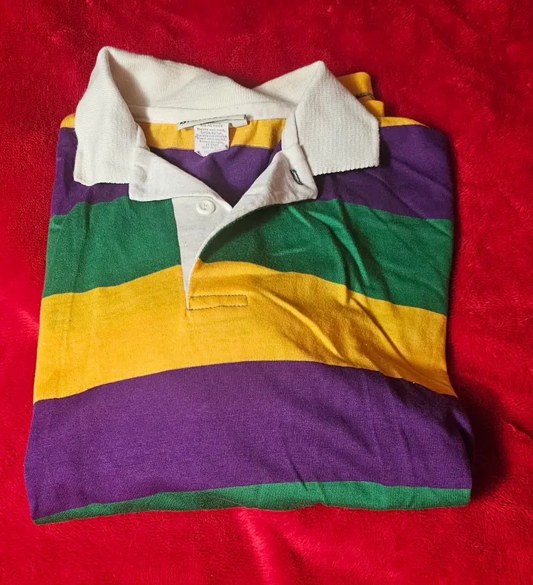 Vintage Mardi Gras Polo Shirt Striped Colorful New Orleans Long Sleeve Men Med.