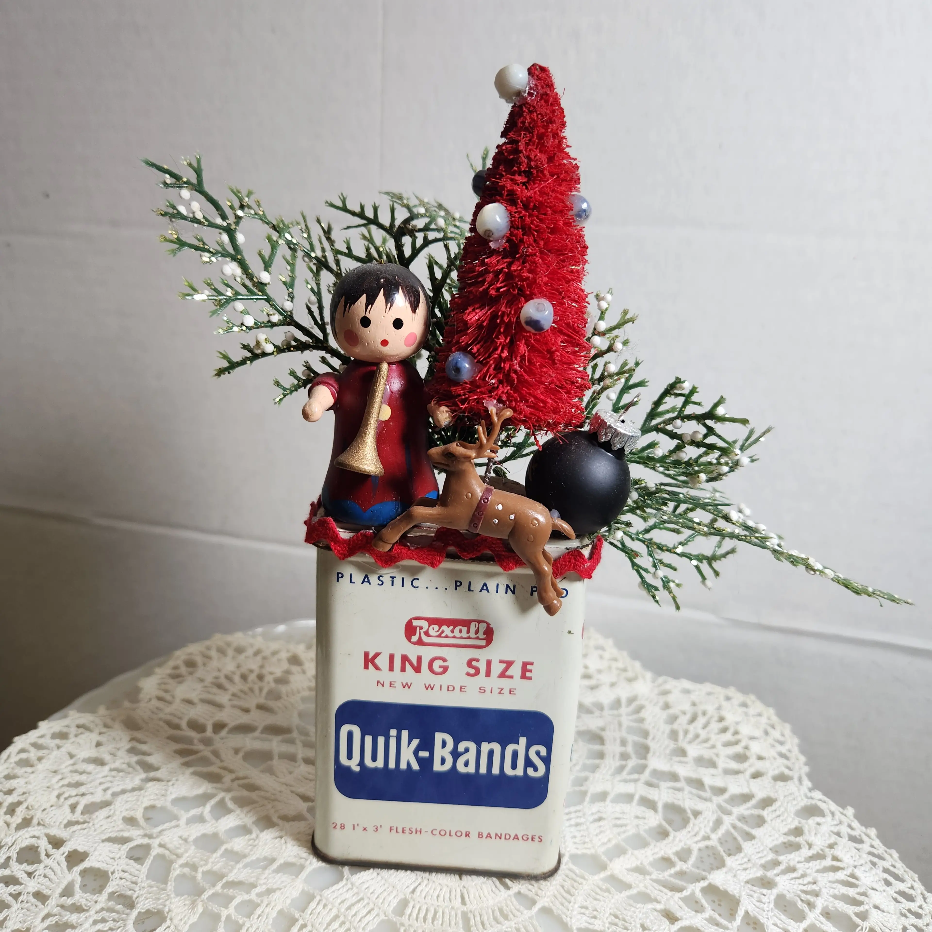 Red Bandaid Box Christmas Assemblage