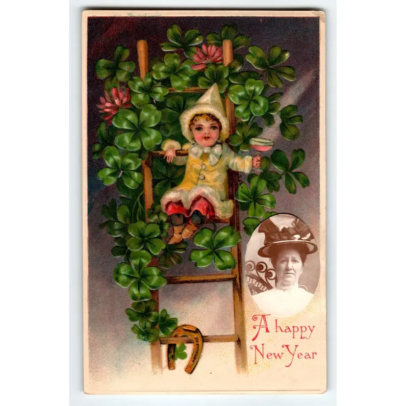 Happy New Year Postcard Child Girl Ladder Clovers Wine Glass Embossed BW Germany