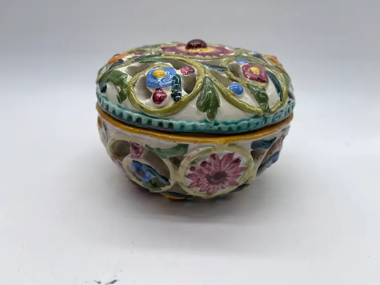 ITALIAN BASSANO Hand Painted Ceramic Faience Lidded Candy Bowl Trinket Dish Vintage Circa 1970s Signed Limited Edition