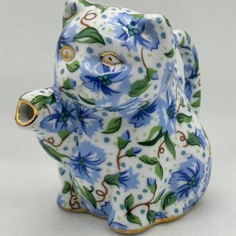 Vintage Cat Kitten Creamer, Blue Green Gold Floral Pattern, By Two’s Company Chintz Ainsley, Made In China