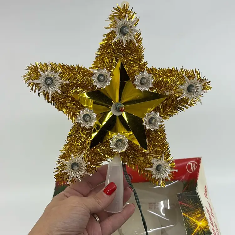 Vintage Gold Tinsel Star Tree Topper, 16 Light Christmas Decor 8” Works ~ Original Box