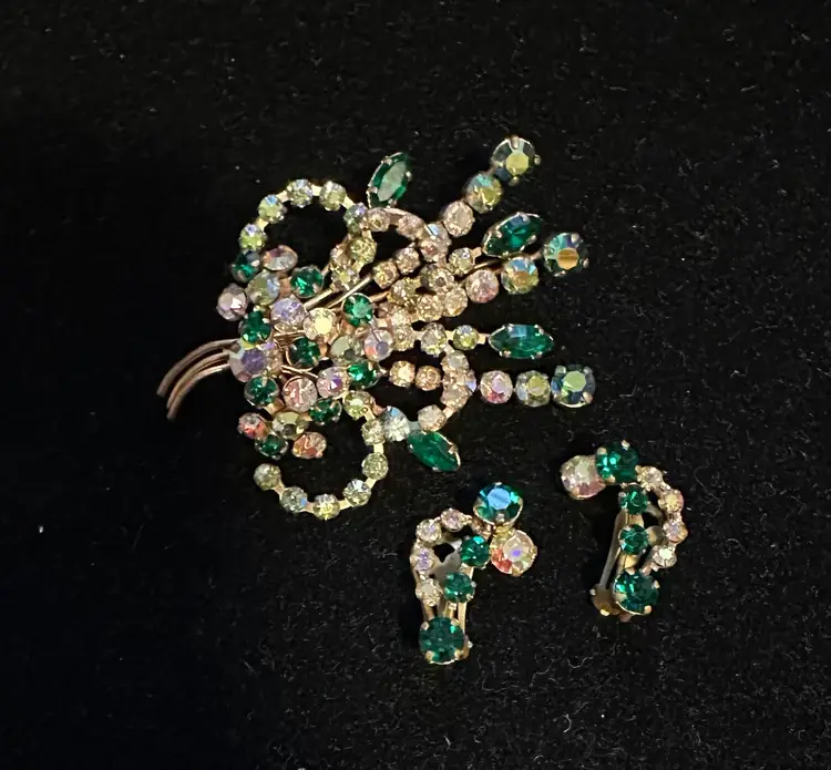 1940-50’s Austria Crystal Pin & Earrings Set Blue Green