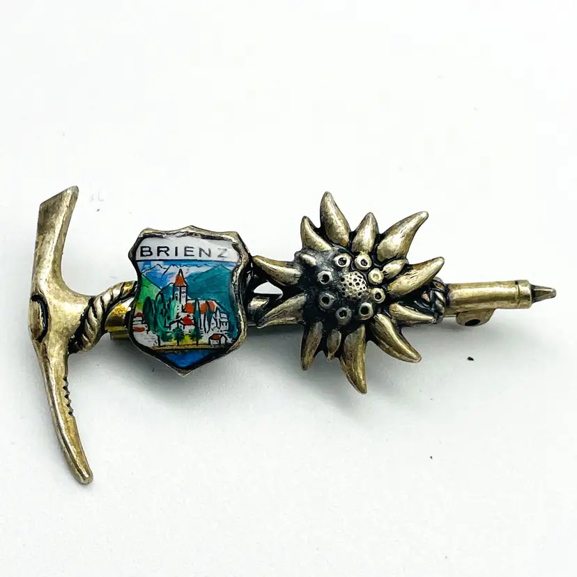 Vintage BRIENZ Germany Souvenir Pin Silver Tone Edelweiss Pick Ax 17651