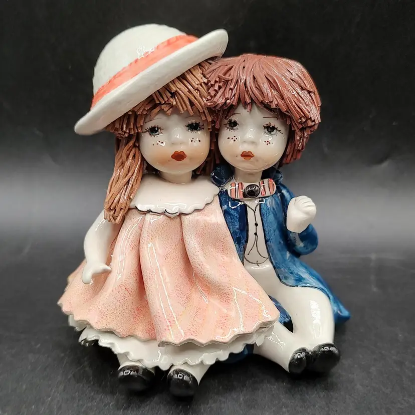 Vtg Zampiva Signed Spaghetti Hair Boy And Girl Figurine