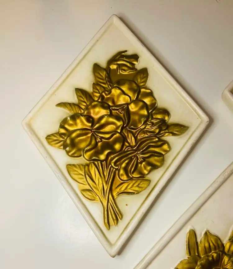 Vintage Ardco Ceramic Diamond Shaped Wall Plaques with Gold Floral Designs Mid Century Hollywood Regency Boho Cottage