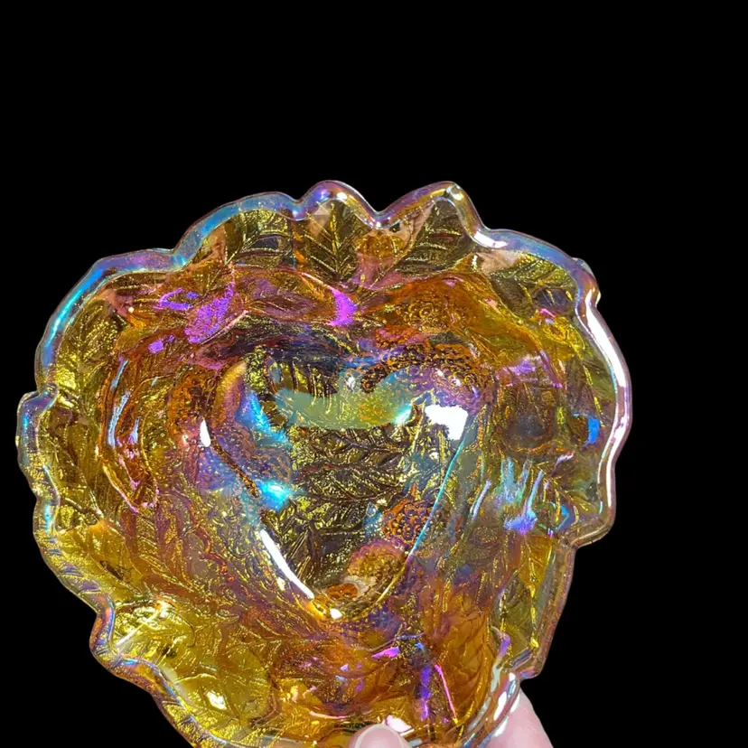 Indiana Glass Loganberry w/ Leaves Amber Carnival Glass Triangular Shaped Bowl