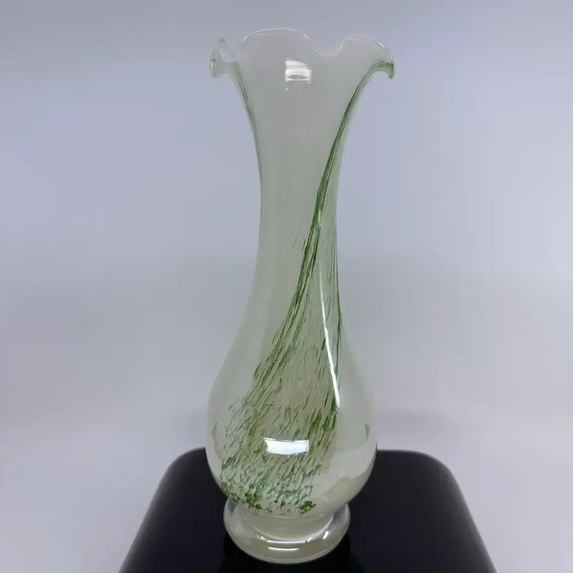 Art Glass Hand Blown White Green Swirl Ruffled Top Vase 9”