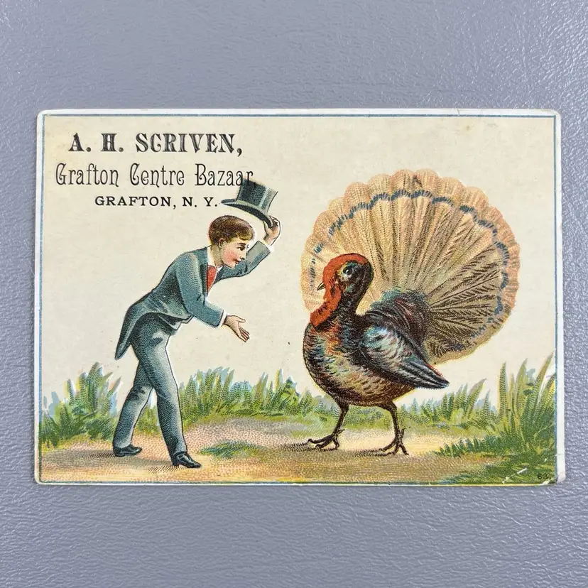 Victorian Trade Card Man Top Hat Turkey Grafton NY Centre Bazaar AH Scriven 4x2.75"