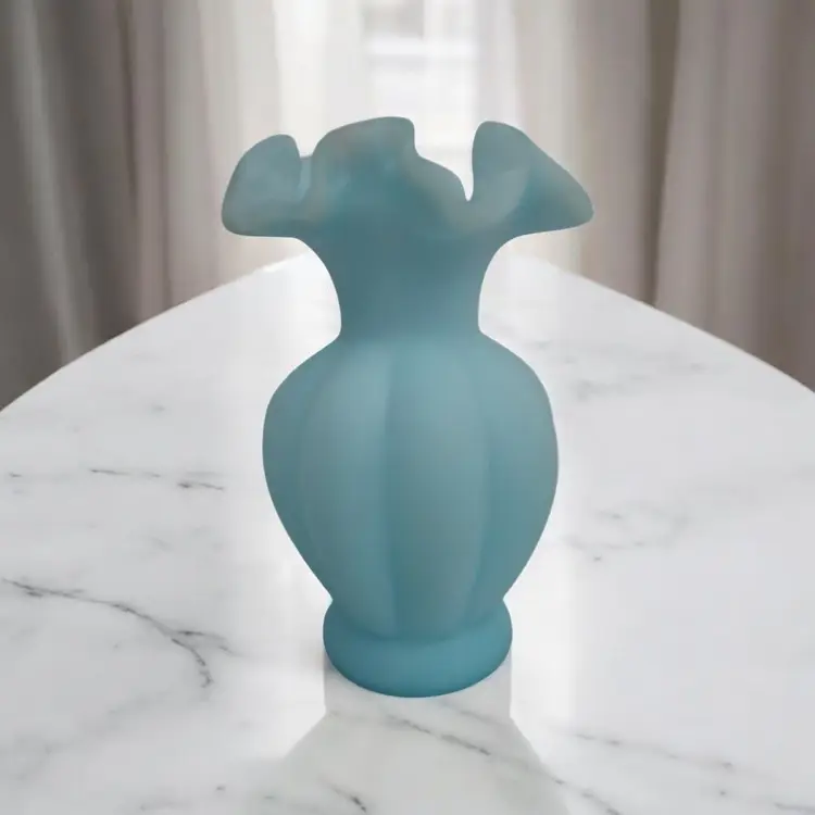 Fenton Blue Satin Melon Vase • Ruffled Rim • 5.5” Vintage Art Glass • Marked Fenton Décor