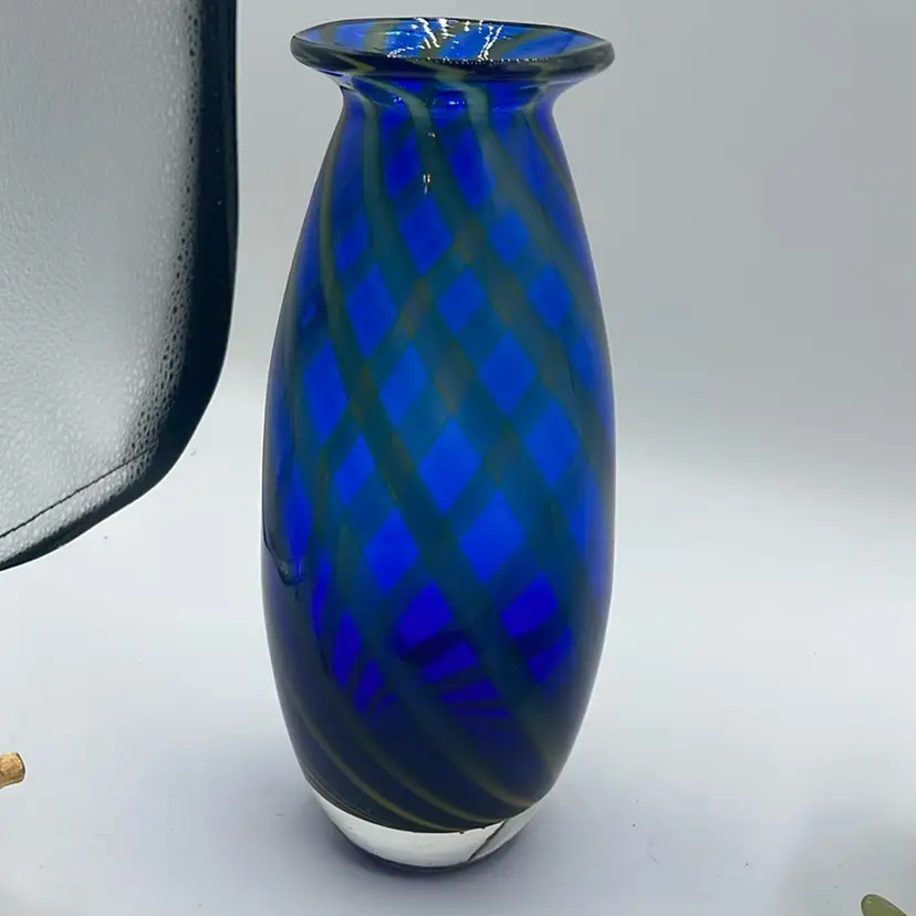 42-Art Glass Vase Handblown Cobalt Blue Yellow Optic Swirl 8 inch