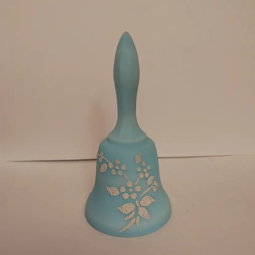 Westmoreland Light Blue Satin Art Glass bell with white bouquet. No condition issues. 5.5 inches high.