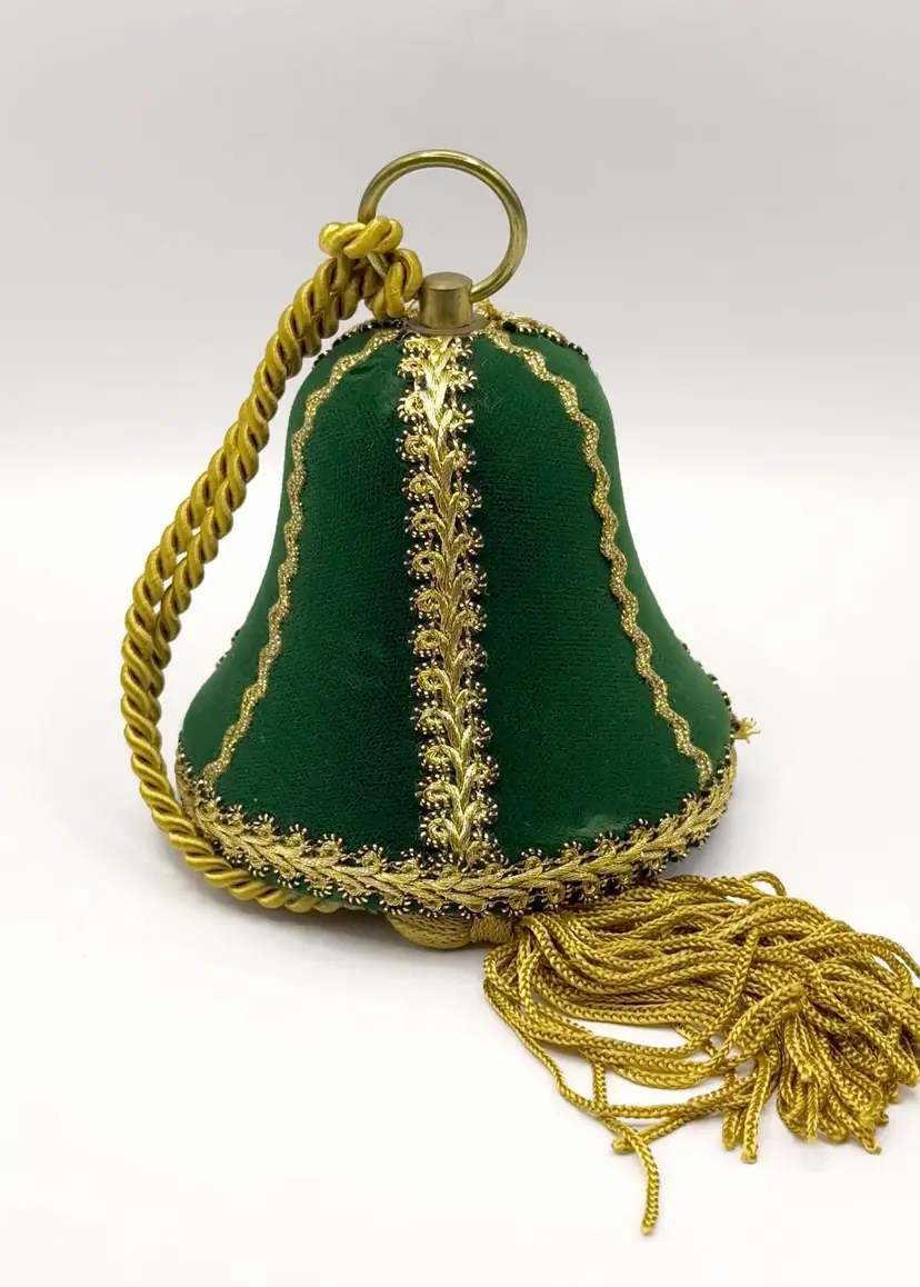 Vintage Reuge Musical Christmas Bell Ornament, Plays “Silent Night”, Green Velvet with Gold Trimming and Tassel, By Reuge, Made In West Germany
