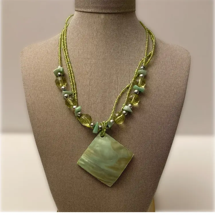 Florence Green Glass Beaded Necklace With Abalone Pendant
