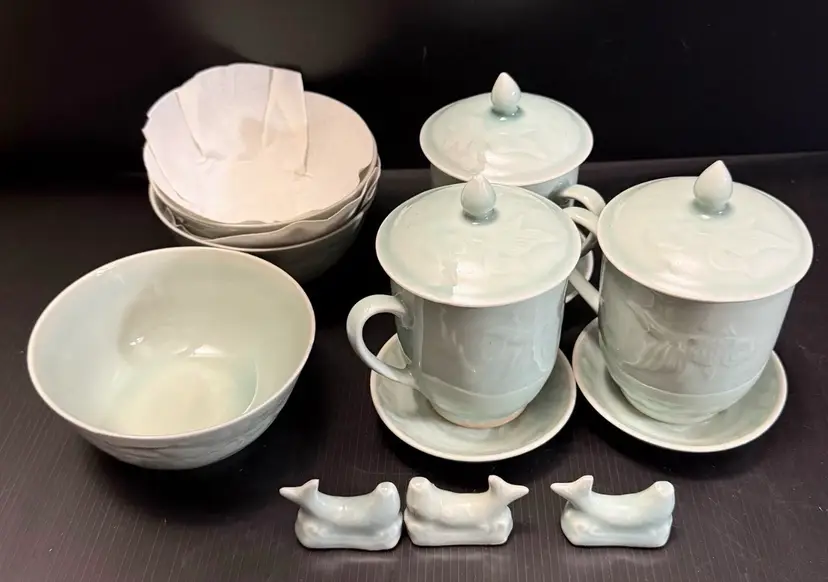 Set For 3 Vintage Embossed Koi Fish Celadon Lidded Mugs W Saucers & Fruit Bowls