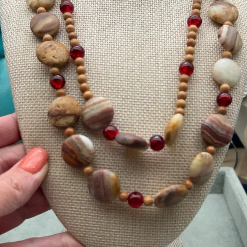 Vintage 18” Multi Strand Natural Stone & Red Glass Bead Necklace Artisan Boho Earth Tones