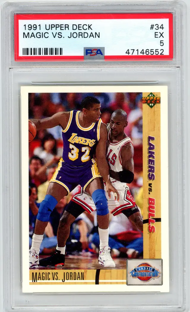 1991 Upper Deck MAGIC JOHNSON MICHAEL JORDAN Magic Vs Jordan #34 PSA 5 EX