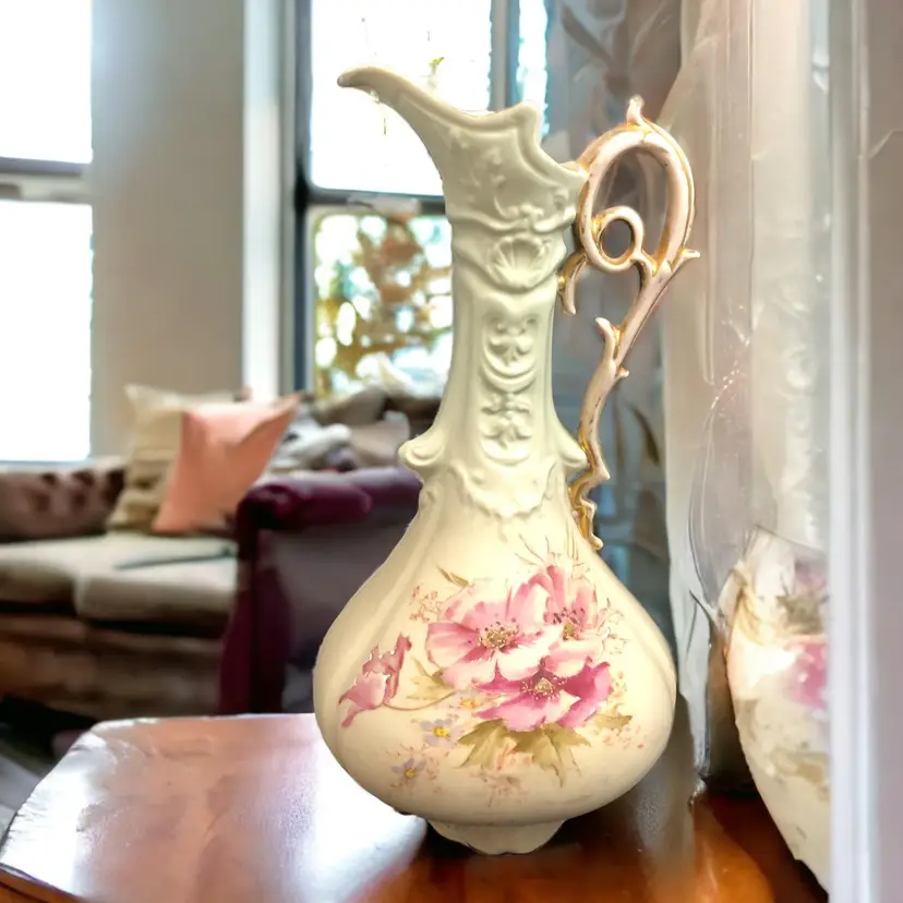 Antique 1890- 1920 Ewer Vase Pink And Green Floral Gilded Handle 10" tall