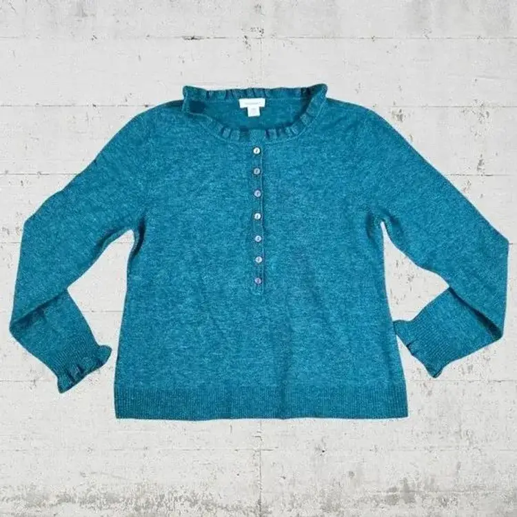 Sundance Kelly Green Ruffle Neck Womens Henley Button Sweater Size Medium Petite