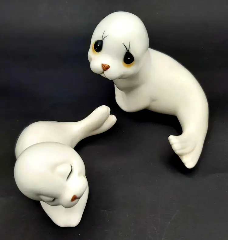 Mexican  Art Pottery White Seal Cow & Pup Anthropomorphic Figurines Matte Satin Glaze