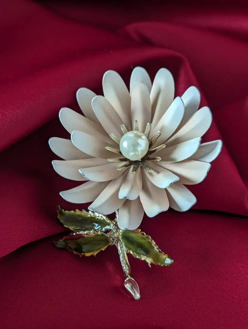 Vintage Designer Brooch Coro Large Enamel Flower 3 1/4" Pin  Signed