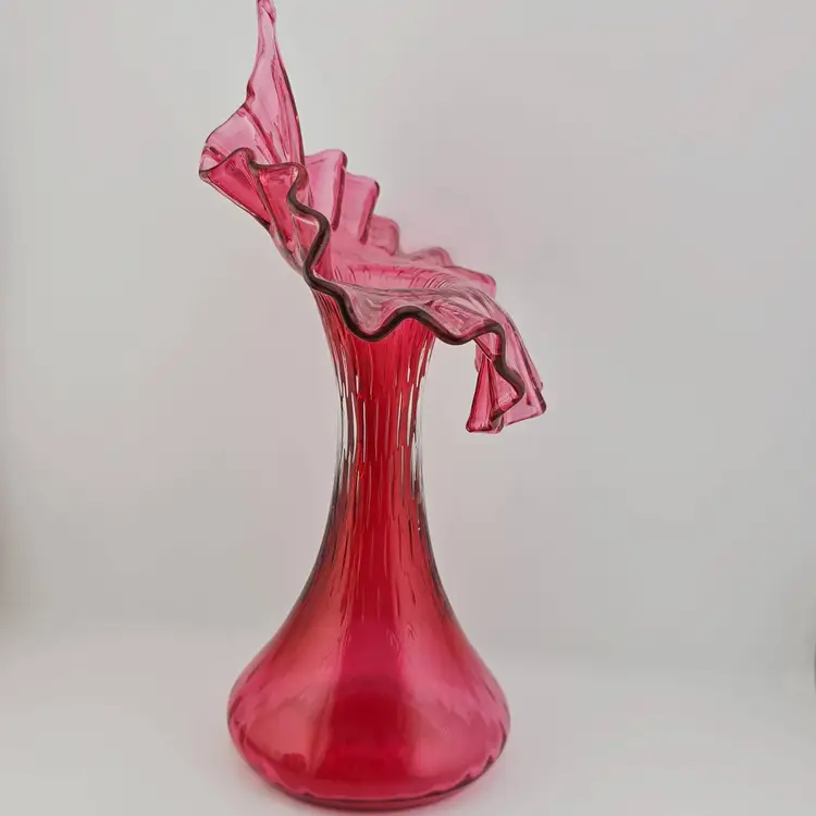 Vintage Fenton Ruffled Cranberry Jack in the Pulpit Glass Vase just under 11'