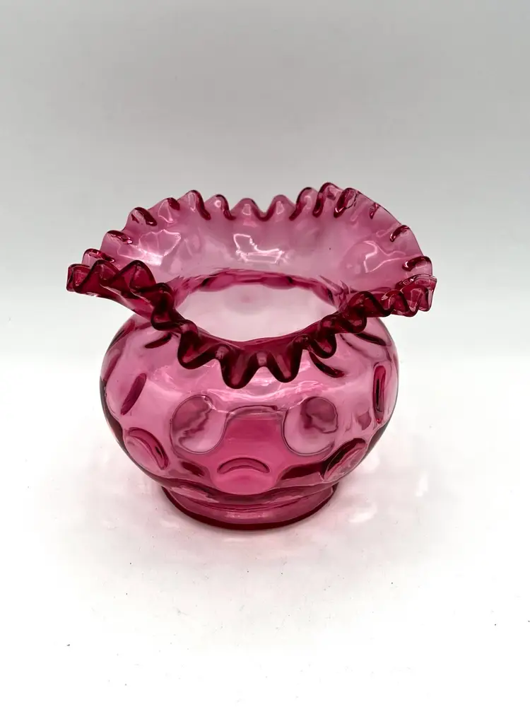 Fenton Cranberry Glass Coin Dot Ruffled Rose Bowl 5” Tall