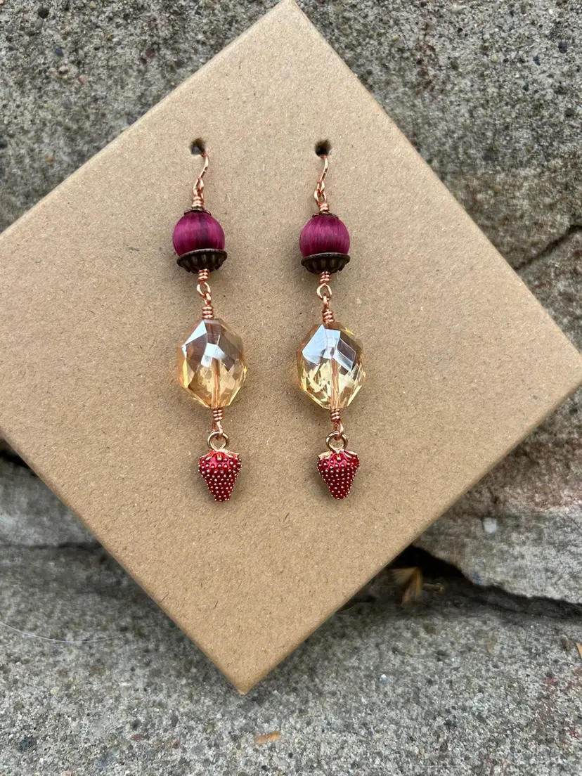 Handmade Crystal & Vintage Beaded Earrings With Strawberries By Me