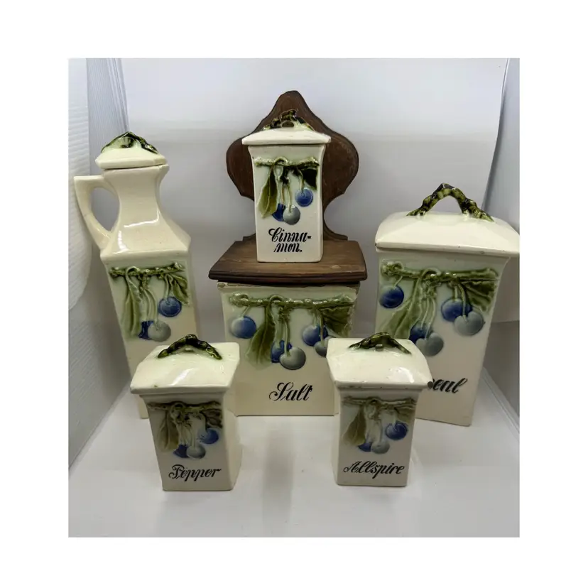 German Spice Set, Lots Of Crazing And A Few Call Outs Pictured. Salt Box Needs New Nuts To Hold Wooden Back/lid On