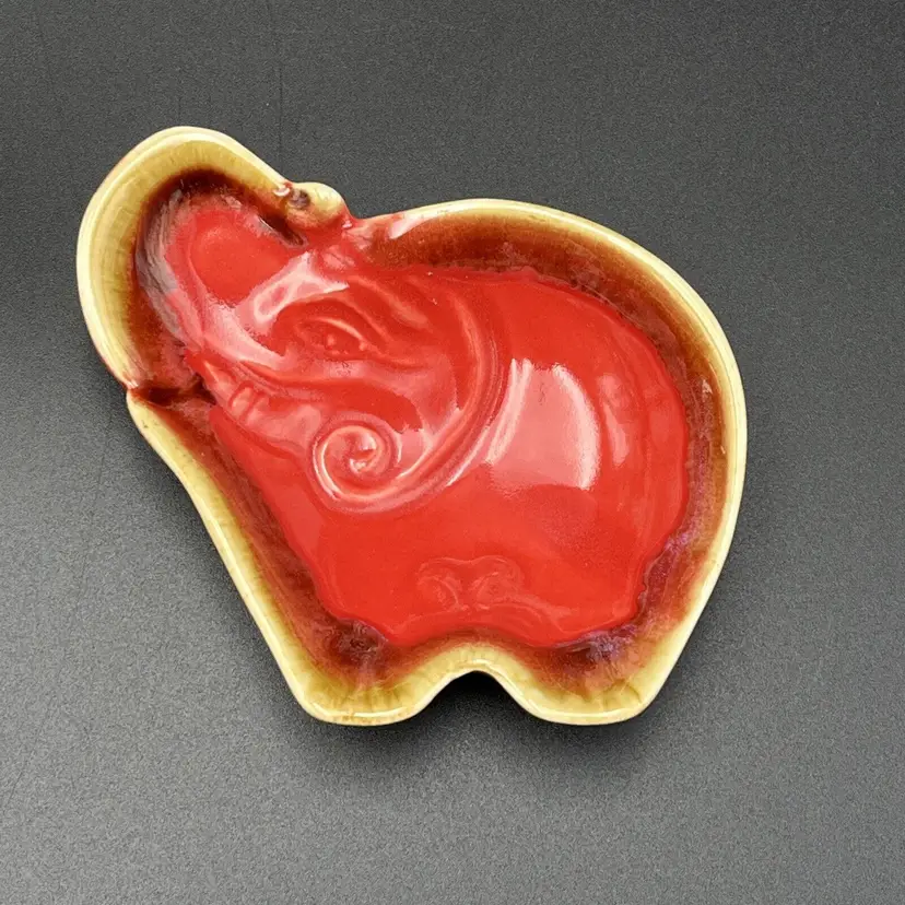 Red Elephant Ceramic Art Pottery Ring Holder Trinket Dish Jewelry Bowl Trunk Up