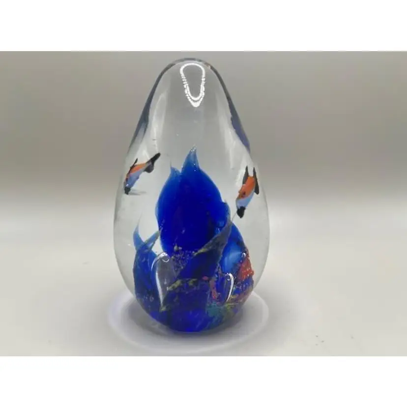 #01 - Handcrafted Art Glass Aquarium Paperweight ~ Blue Coral & Fish Design ~ 4 inches Tall