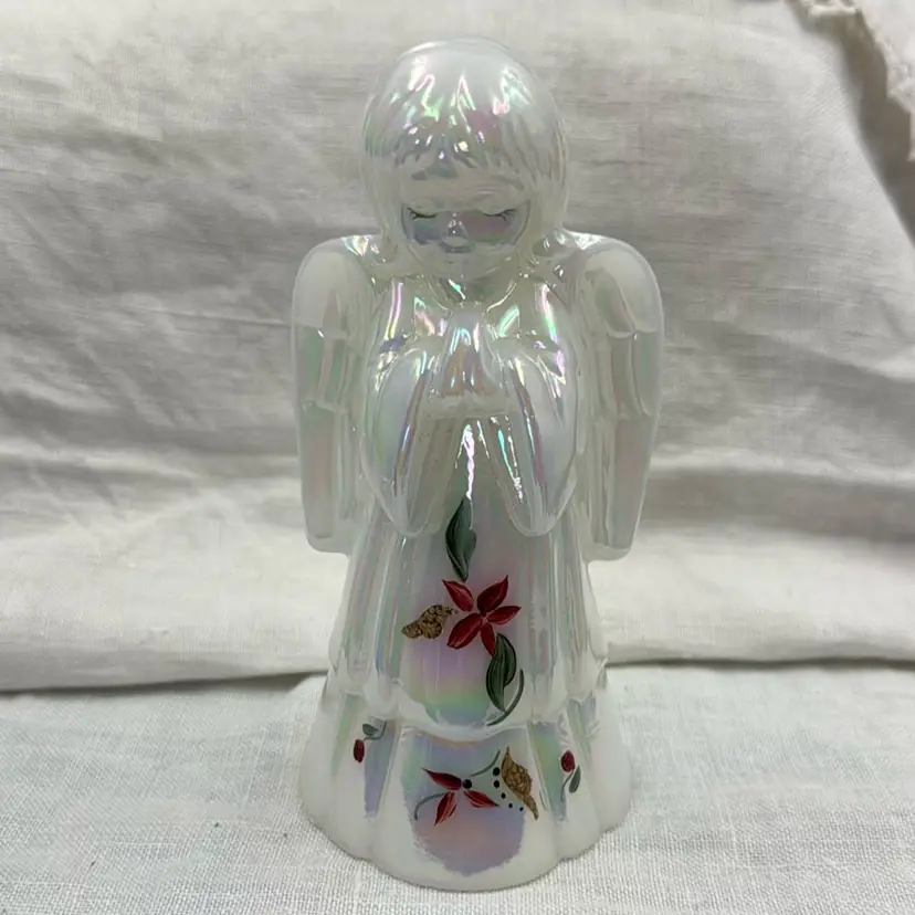Fenton Iridescent Hand Painted Christmas Angel Figurine - Poinsettias & Gold Sugaring On Green Leaves - Signed