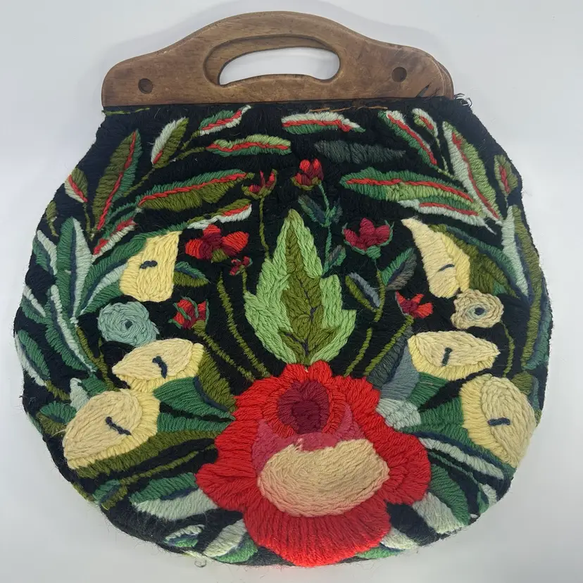 Vintage Embroidered Handbag With Wooden Handles