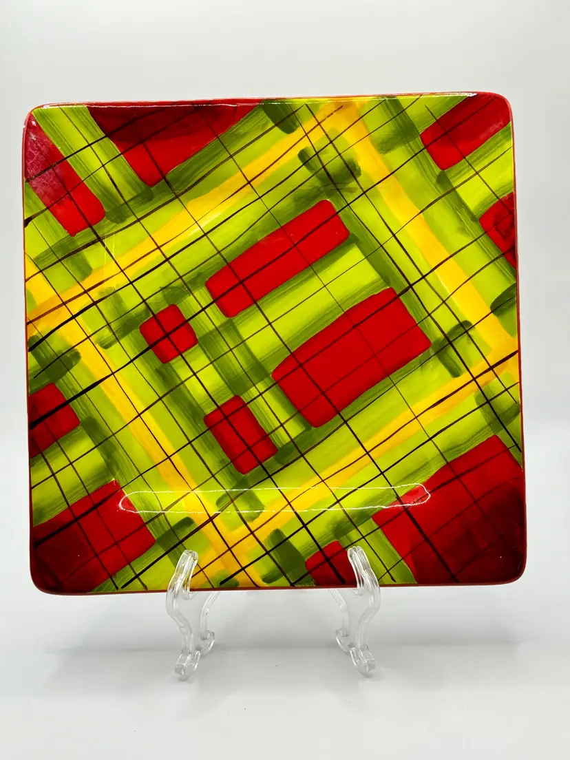 Christmas Holiday Taffeta Salad Plate, Plaid Pattern Hand Painted, By Laurie Gates, Luxe For Artland, Made In China, MPN8949226